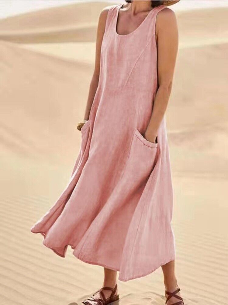  - Damen-Sommer-Leinenkleid mit 2 Taschen, neu, 36-38, rosa