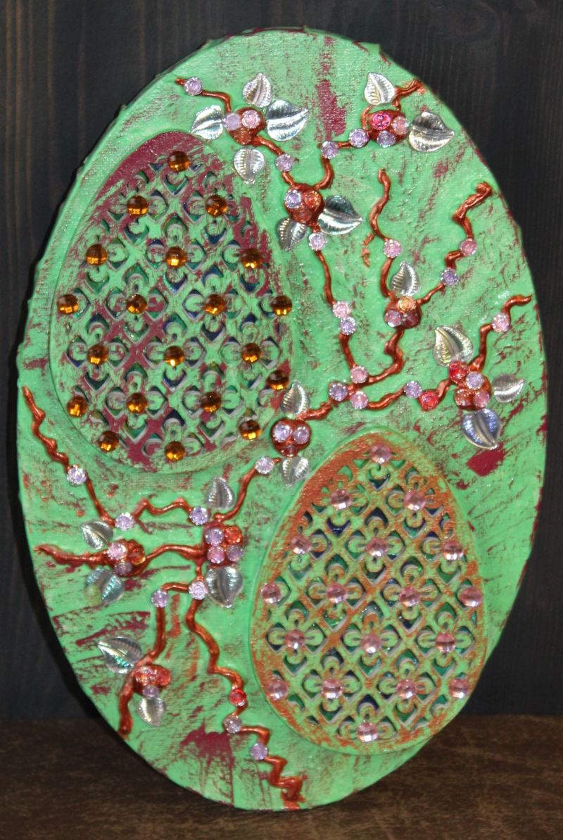  - Ostedeko SHABBY OSTERN abstrakte Malerei Collage auf einem ovalen Keilrahmen Künstler-Ei Wanddeko Osterdekoration