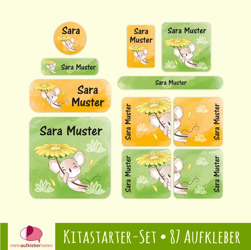  - Kindergarten-Set - 87 Aufkleber | Maus - personalisierbar | Namensaufkleber, Textilaufkleber, Schuhaufkleber
