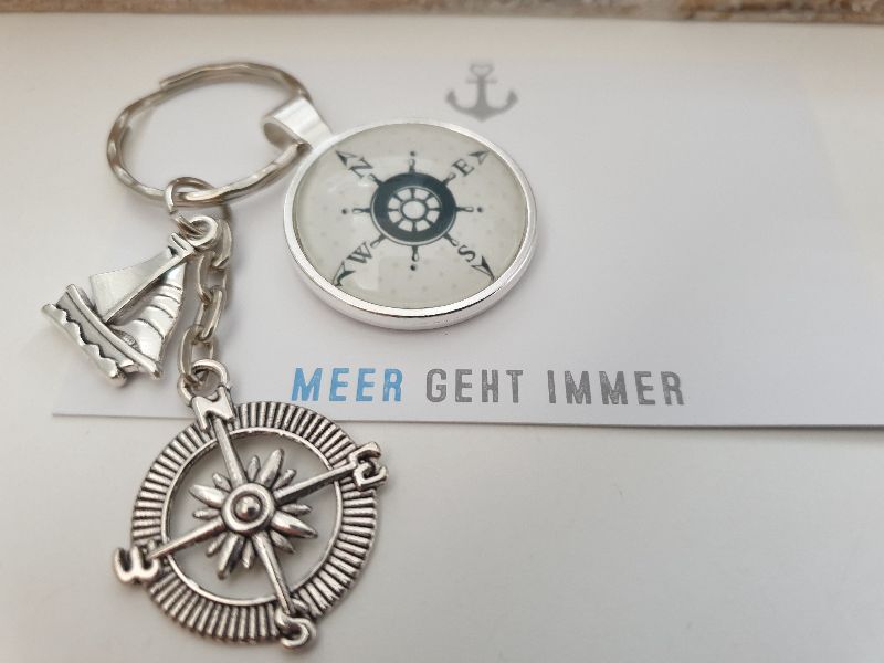  - Kompass Segelboot Schlüsselanhänger Glascabochon handgefertigt maritimes Geschenk Männer Freund Sohn Geschenkset