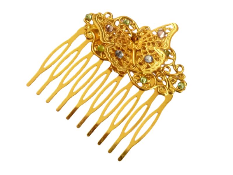  - Festlicher Haarkamm mit 3D Schmetterling goldfarben bunte Kristalle goldene Braut Haarschmuck Hochzeit Accessoire