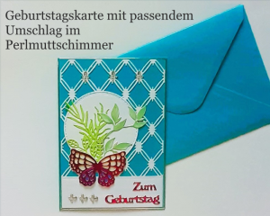 Geburtstagskarte, Glückwunschkarte, Zum Geburtstag mit dtsch. Text, Karte mit Umschlag Handarbeit in Blau & Pink
