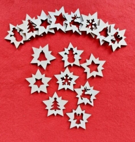 Streudeko 16tlg. Sterne mit 8 verschiedenen Motiven in der Mitte Holz Deko Tischdeko zum basteln verzieren und dekorieren Jubiläum Geburtstag Weihnachten Advent Festtage Schneemann