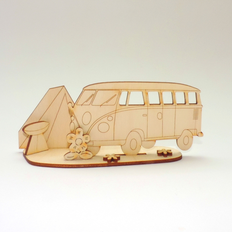  - Reisebus, Bus Transporter mit Zelt und Grill als Geburtstagsset aus Holz zum Basteln