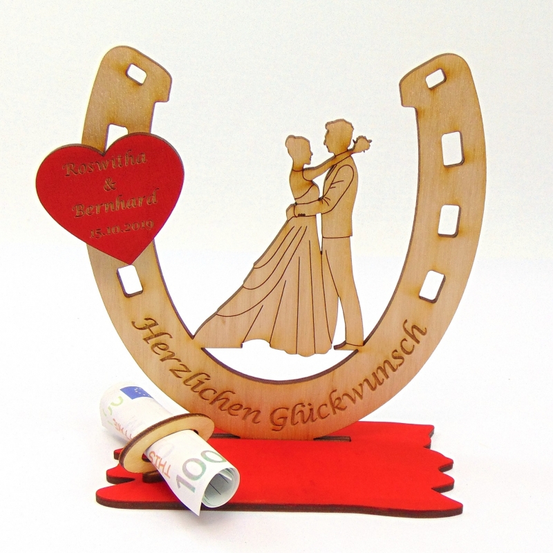  - Personalisiertes Geschenk zur Hochzeit Hufeisen 15 cm für ★ Mann und Frau ★  aus Holz, mit Geldscheinhalter und Gutscheinhalter