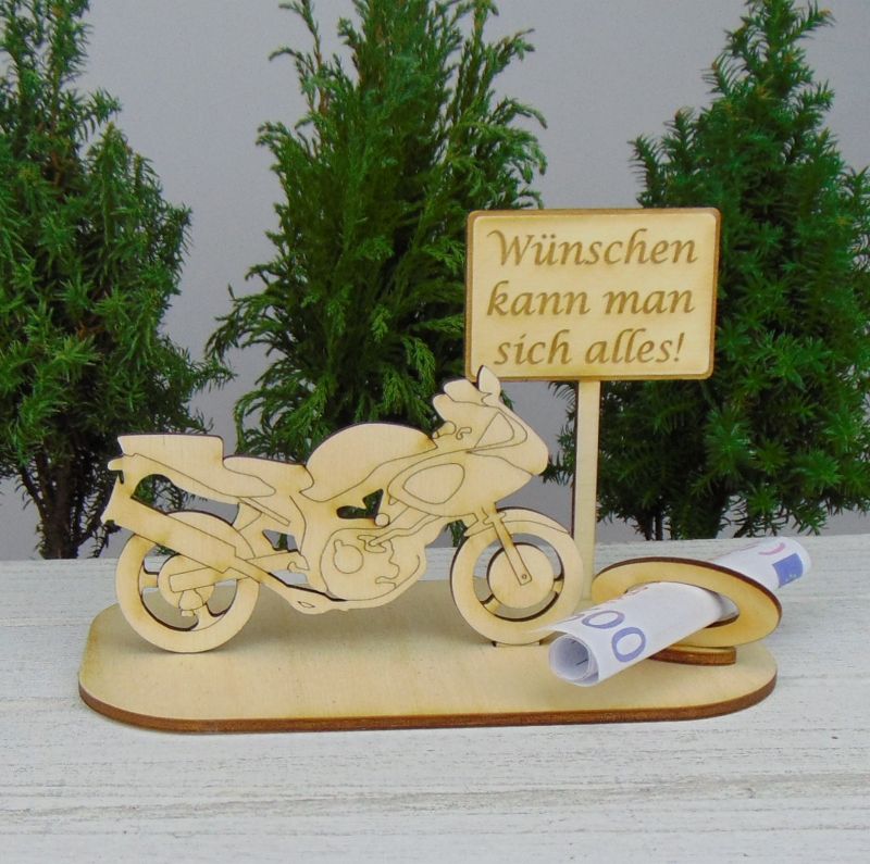  - Geldgeschenkset  ★ Motorrad aus Holz mit Aufschrift - Wünschen kann man sich alles