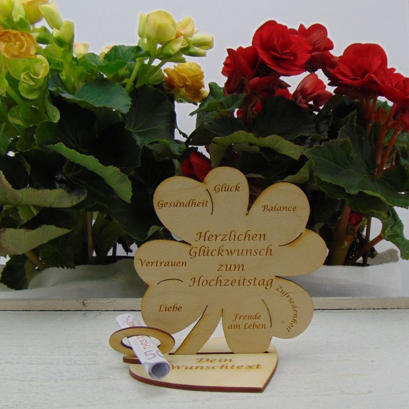  - Geld- und Gutscheingeschenk ♥ mit Personalisierung ♥ Hochzeitstag ♥ Kleeblatt 11 cm ♥ Holz