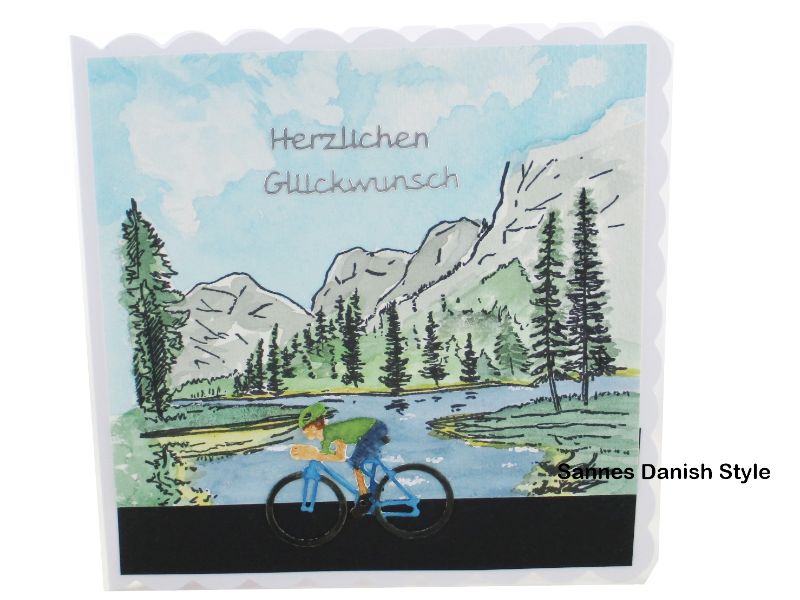  - Geburtstagswünsche Radfahrer, Geburtstagskarte für Radfahrer, mit Berge und See im Hintergrund, Aquarellgeburtstagskarte, die Karte ist ca. 15 x 15 cm