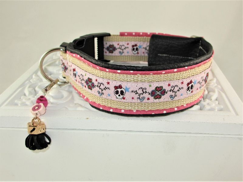  - Hundehalsband Rockabilly Girl rosa/beige Halsband verstellbar mit Klickverschluss Kunststoffverschluss wahlweise Metallverschluss oder Zugstopp gepolstert Polsterung Kunstleder 