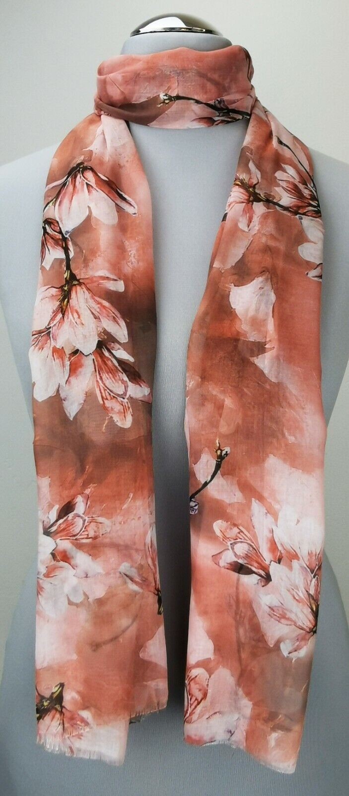  - Leichter Damen-Schal, neu, 170 x 50 cm, rostfarben mit Blumenmuster, # 2232 