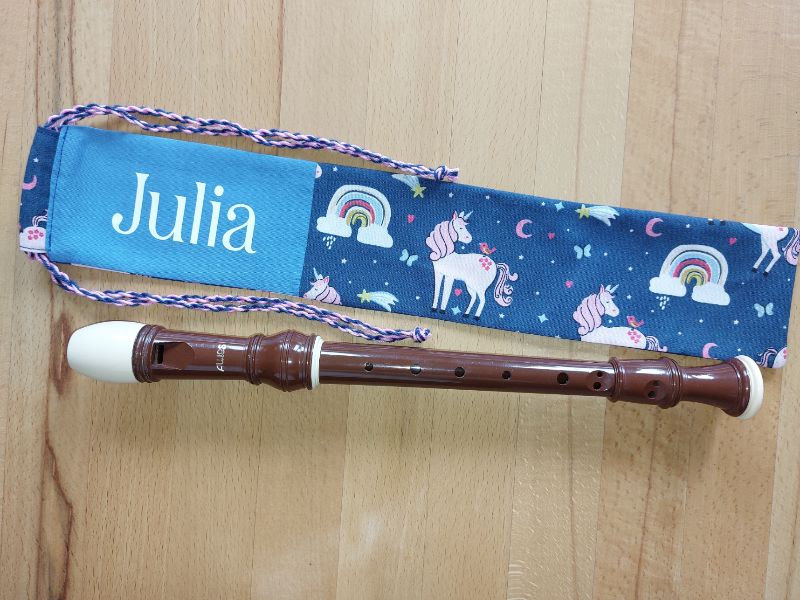  - Flötentasche mit Namen, Flötenbeutel - Einhorn & Regenbogen Motive blau (mit optionalen Zubehörfach / Fütterung/Halskordel)