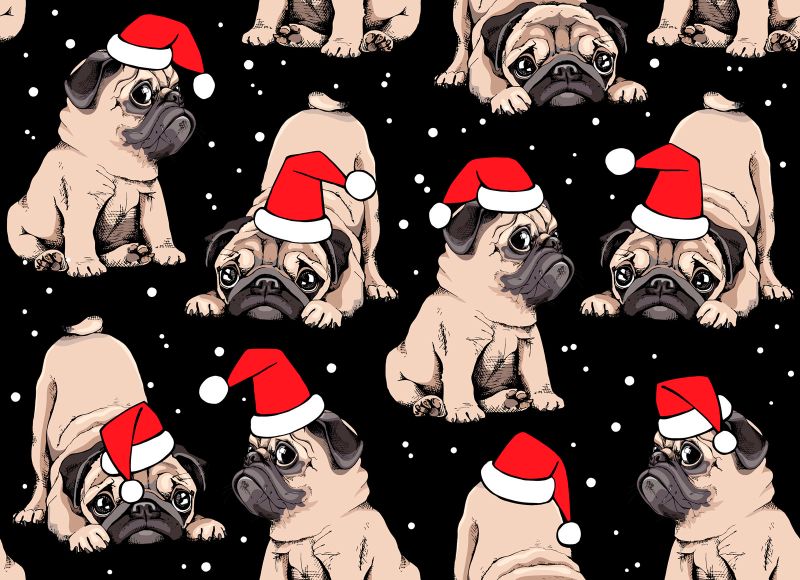  - Weihnachtsstoffe Baumwolldruck Weihnachtsmops schwarz rot beige weiß Mops mit Nikolausmütze Hundestoffe Meterware kaufen