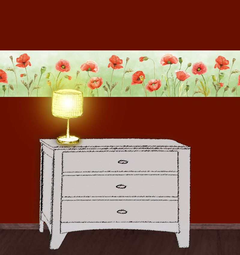  - Wandbordüre - selbstklebend | Roter Mohn  - Watercolor - 20 cm Höhe | Vlies Bordüre im Landhausstil 