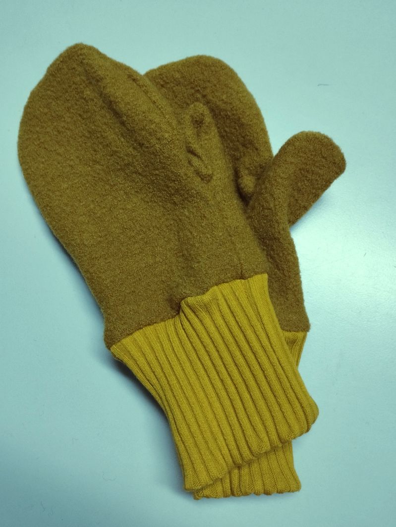  - Handschuhe Fäustlinge Wolle Wollstoff Wollwalk gelb senfgelb Erwachsene Jugendliche OSZ Einheitsgröße