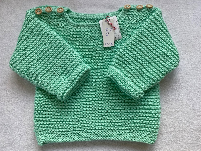  - Gr. 68/74 Babypullover in mintgrün aus reiner Baumwolle kraus rechts handgestrickt