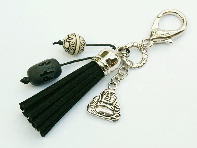 Schlüsselanhänger Taschenanhänger Glücksbringer Buddha Quaste schwarz Edelstein Onyx
