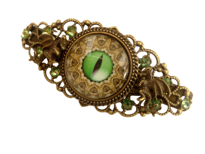  - Haarspange mit Drachenauge Motiv und Mini Drachen grün bronzefarben Mittelalter LARP Stil