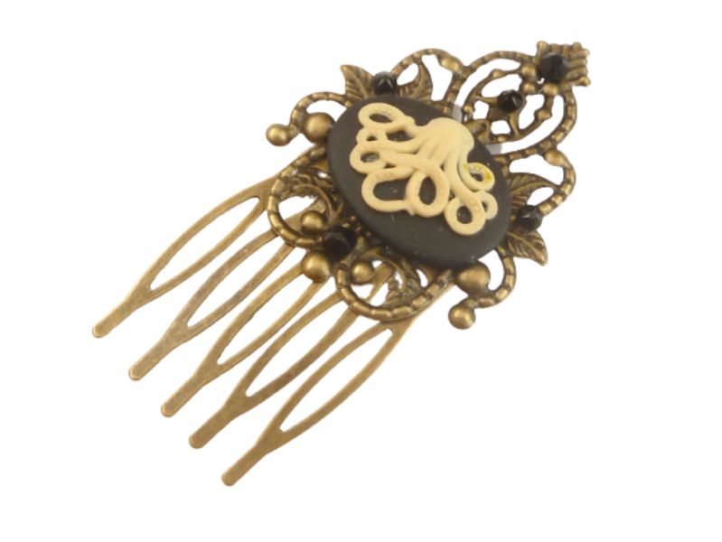  - Kleiner Haarkamm mit Krake Kamee schwarz bronze Maße 7 L x 3,7 B cm Steampunk Accessoire Haarschmuck