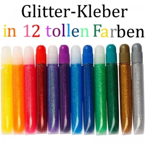 Sonderpreis: Glitzer Klebestifte 12 Farben (je 10ml) = 1 Set, Flitterkleber Glitzerleim Dekokleber, Glitzerkleber (B-Ware) 