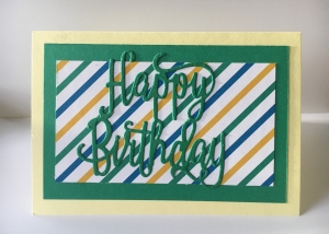 Glückwunschkarte zum Geburtstag mit Grusstext  in Handarbeit gefertigt aus Karton in Grün,Gelb,Blau
