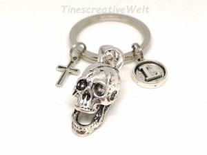 Schlüsselanhänger personalisiert, Schädel, Skull, Totenkopf, Kreuz, Geschenk für Männer