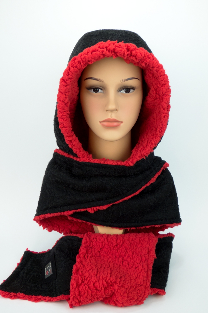  - Kapuzenschal ♥Teddyplüsch♥ Kapuze und Schal in einem, in schwarz und rot ♥ statt Mütze windgeschützt, kuschelig und warm 