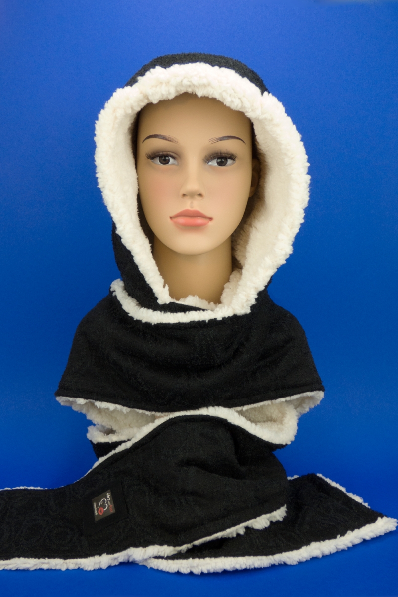  - Kapuzenschal ♥Teddyplüsch♥ Kapuze und Schal in einem, in schwarz und creme ♥ statt Mütze windgeschützt, kuschelig und warm