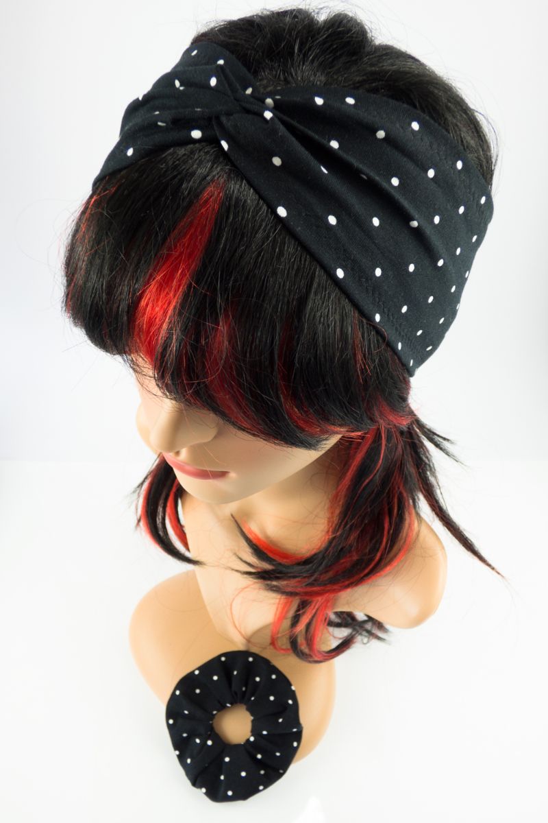 - Stirnband und Scrunchie im Set ♥ Schwarz mit weißen Punkten ♡ Rockabilly Style