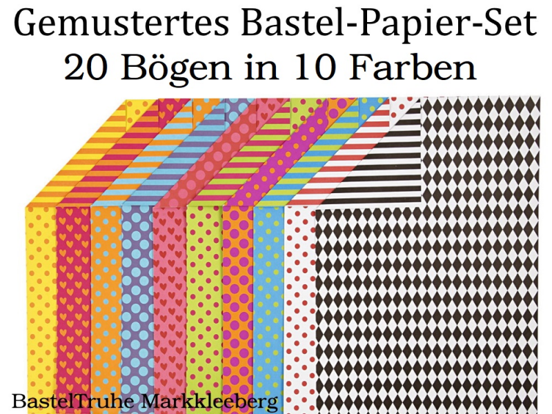  - Gemustertes Bastel-Papier als Set, 20 Bögen in 10 Farben 250 g Kinderbasteln Karten Schachteln