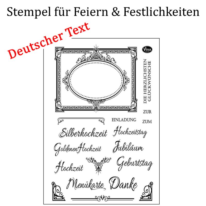  - Silikonstempel Deutsche Texte, Clear-Stamper, transparent, Festlichkeiten Einladung Feste, Stempel-Set
