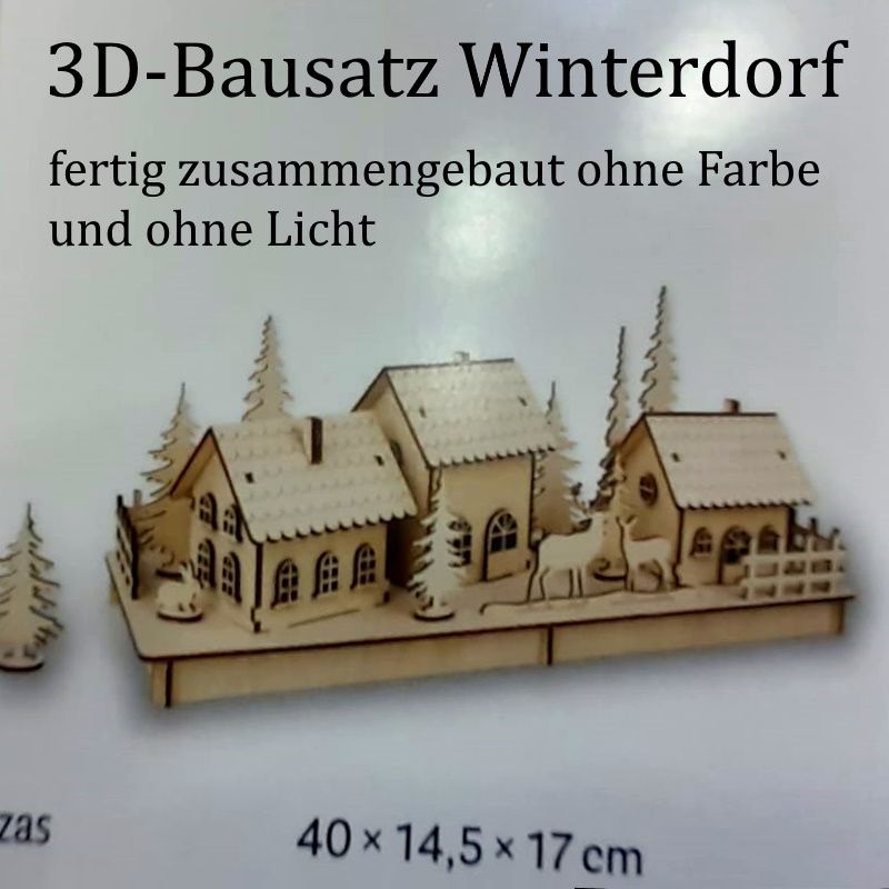  - 3D Winterdorf, vorgesägtes Bauset Holzbauset Holzpuzzel Modellbau mit 3 Häusern, Tiere und Bäume