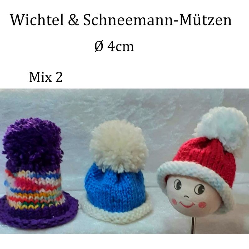  - Minimützen, Wichtelmützen, Schneemannmützen 3er-Set --Mix 2--  für Ø 4 cm von Hand gestrickt 