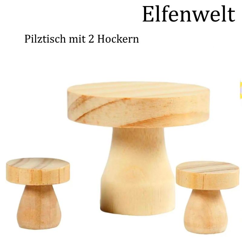  - Elfenwelt Pilztisch mit Hocker, Minimöbel für Elfenlandschaft Puppenstuben Fairy Garden zum anmalen & verzieren 
