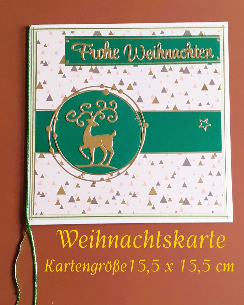  - Weihnachtskarte, Frohe Weihnachten, Weihnachtsgrüße Festtagskarte, Handarbeit Heiligabend Weihnachtsbaum Grün-Gold