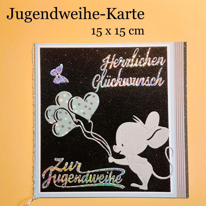  - Jugendweihe-Karte, Glückwunschkarte herzlichen Glückwunsch 15x15 cm verspielt mit Maus