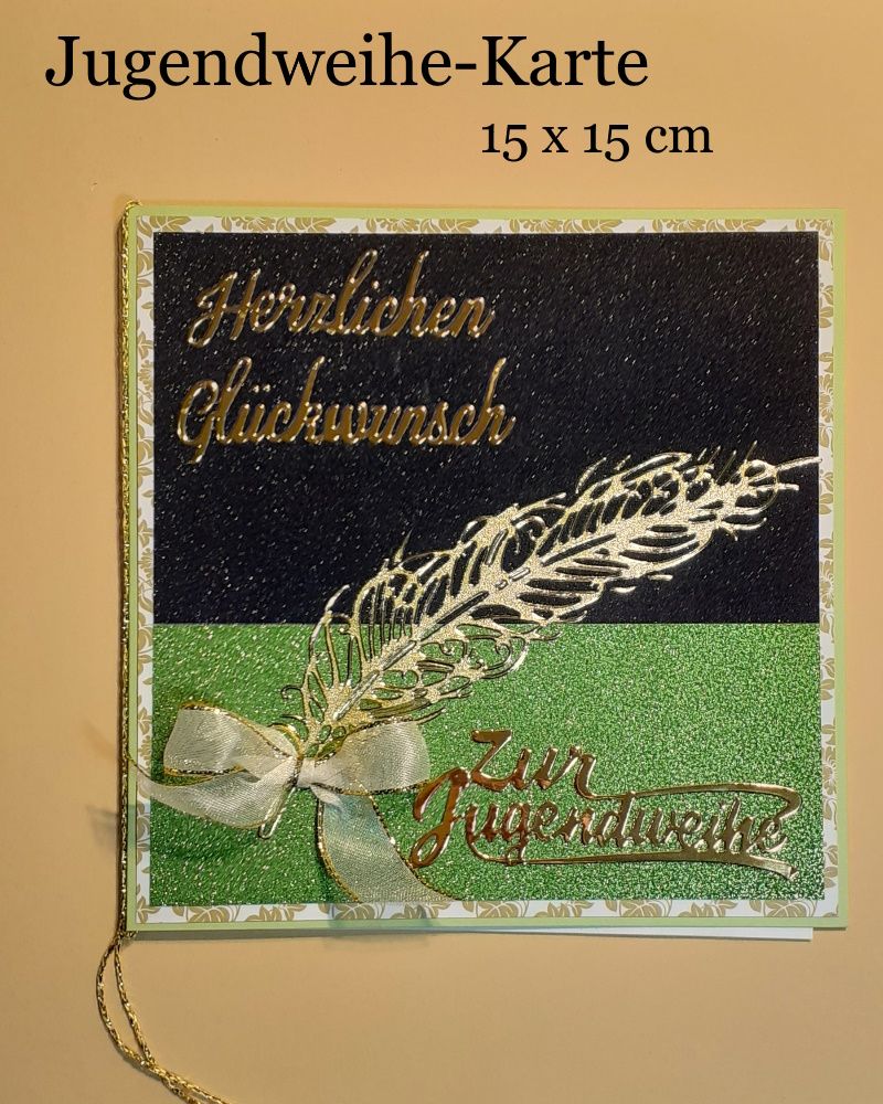 - Jugendweihe-Karte, Glückwunschkarte herzlichen Glückwunsch 15x15 cm Elegant Schreibfeder & Schleife Grün/Schwarz