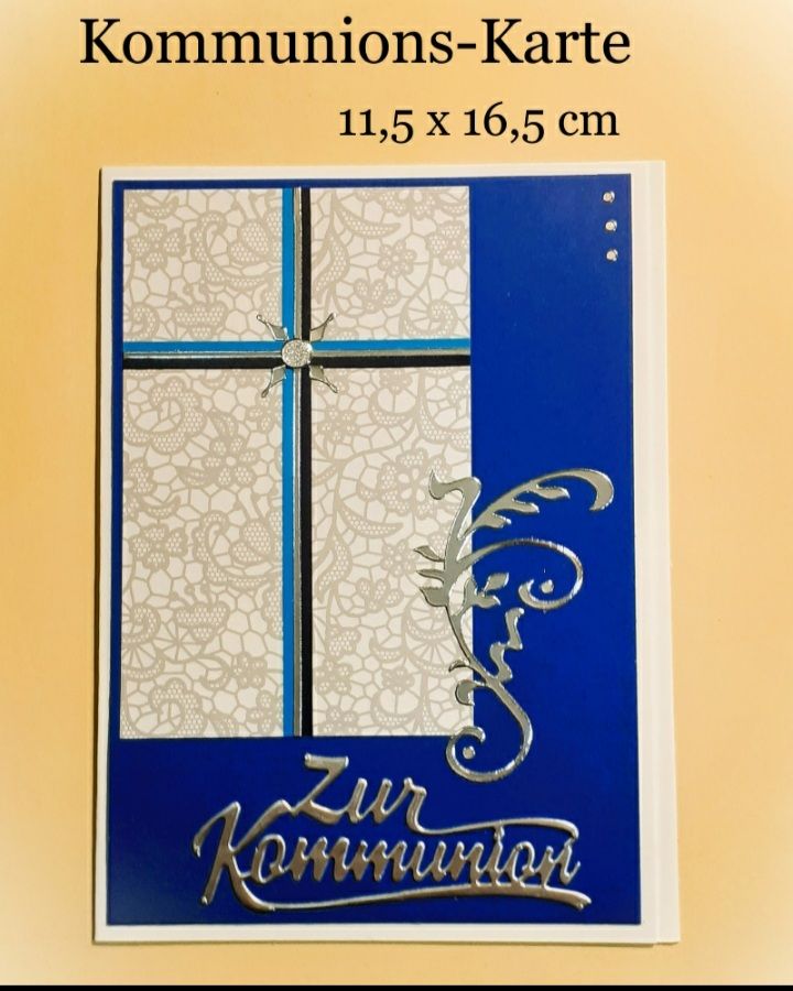  - Kommunions-Karte, Glückwunschkarte zur Kommunion 11,5x16,5 cm Elegant Kreuz in Blau & Silber
