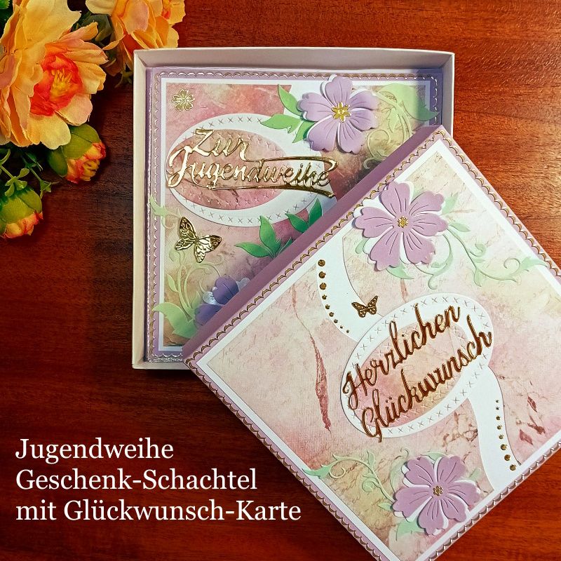  - Jugendweihe Geschenkschachtel + Glückwunschkarte Geschenkbox für Geldgeschenke aufwendige Handarbeit  Lila & Gold