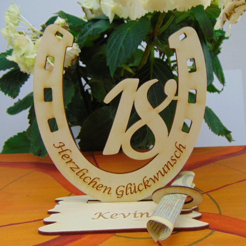  - Personalisiertes Geschenk zum 18. Geburtstag, Hufeisen 15 cm aus Holz mit Geldscheinhalter und Gutscheinhalter
