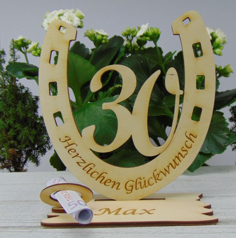  - Personalisiertes Geschenk zum 30. Geburtstag, Hufeisen 15 cm aus Holz mit Geldscheinhalter und Gutscheinhalter