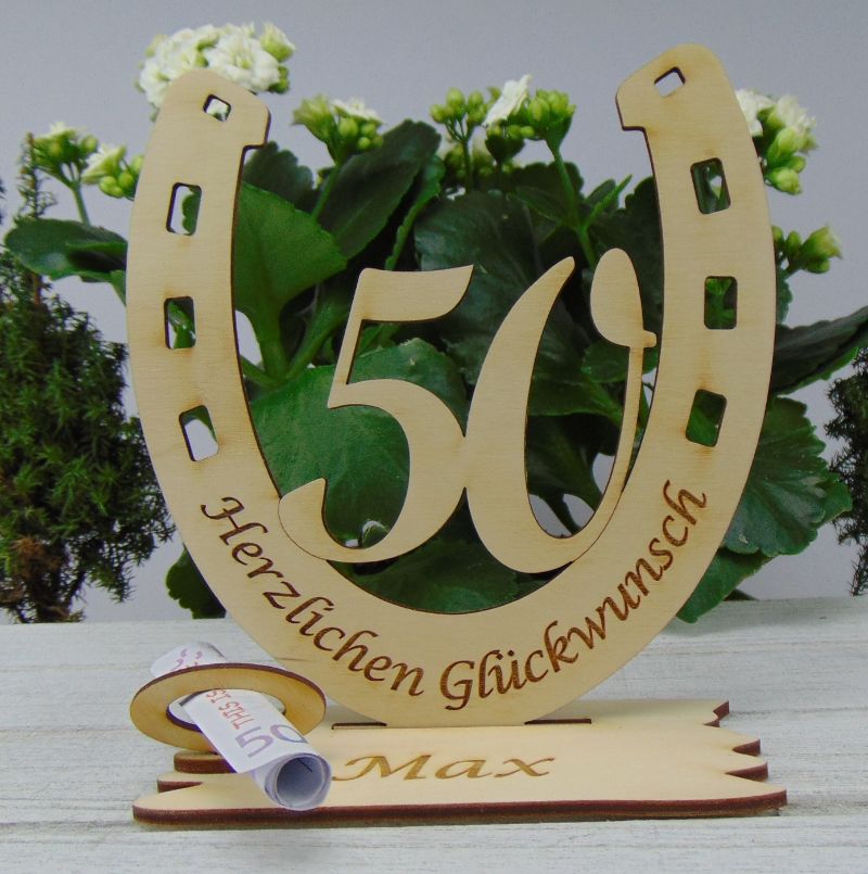  - Personalisiertes Geschenk zum 50. Geburtstag, Hufeisen 15 cm aus Holz mit Geldscheinhalter und Gutscheinhalter