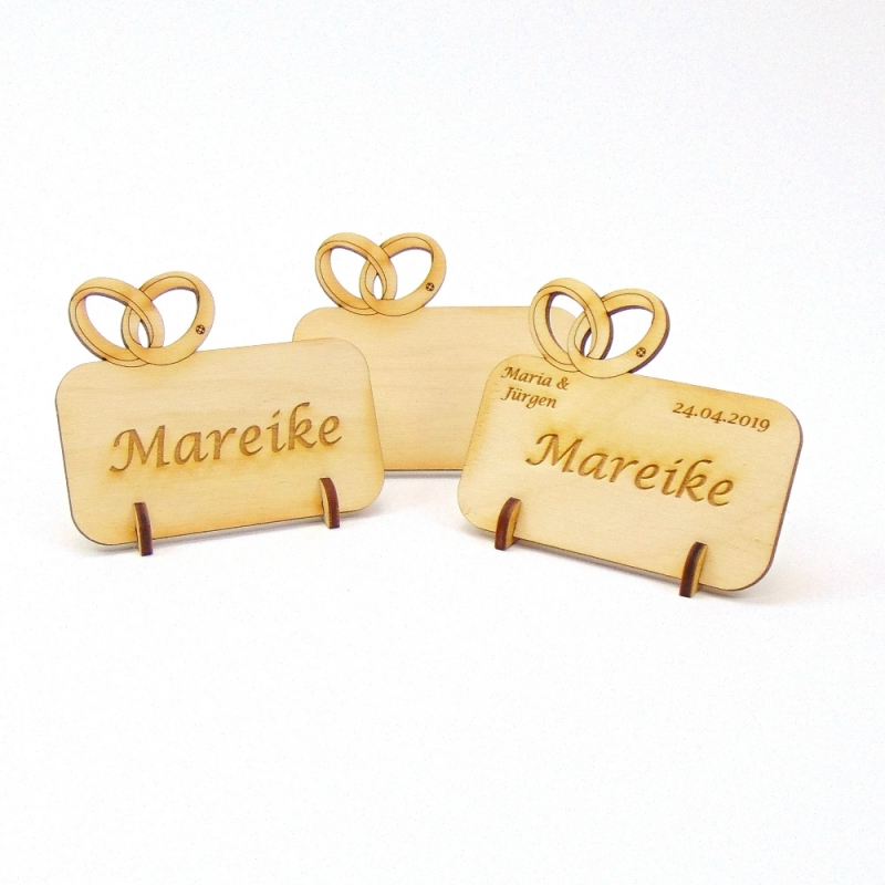  - Platzkarte Tischkarte mit 2 Eheringe aus Holz für ihre Hochzeit Namensschild - kann personalisiert werden