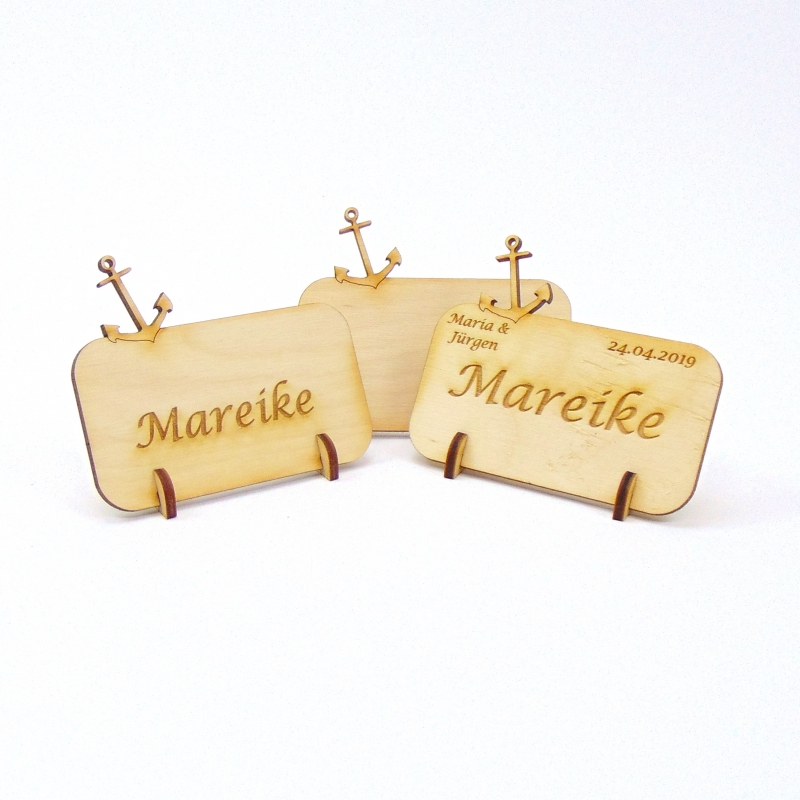  - Personalisierte Platzkarte Tischkarte mit Anker aus Holz für ihre Hochzeit, Geburtstag, Taufe, Maritim, Namensschild - Personalisiert