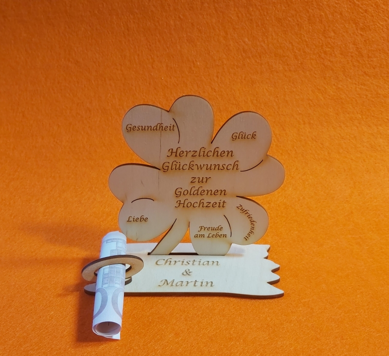  - Kleeblatt Geldgeschenk ♥ zur Goldenen Hochzeit ♥ Naturholz 11,7 cm Personalisiertes Geschenk mit gravierten Namen