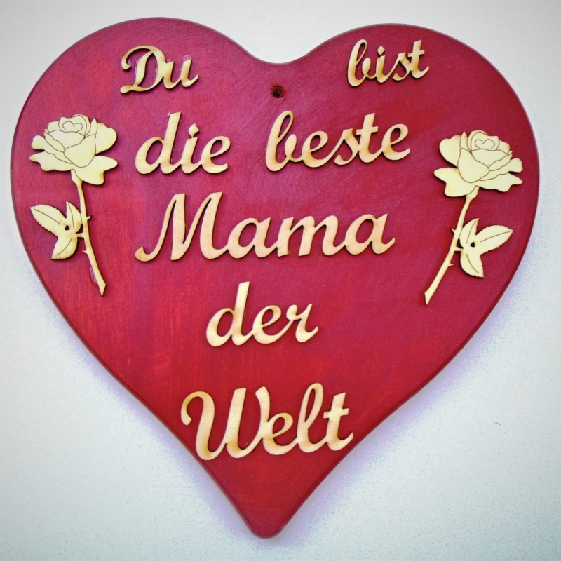  - Spruch aus Holz ★ Du bist die beste Mama der Welt ★ Herz in rotmetallic, Geschenk für Mama