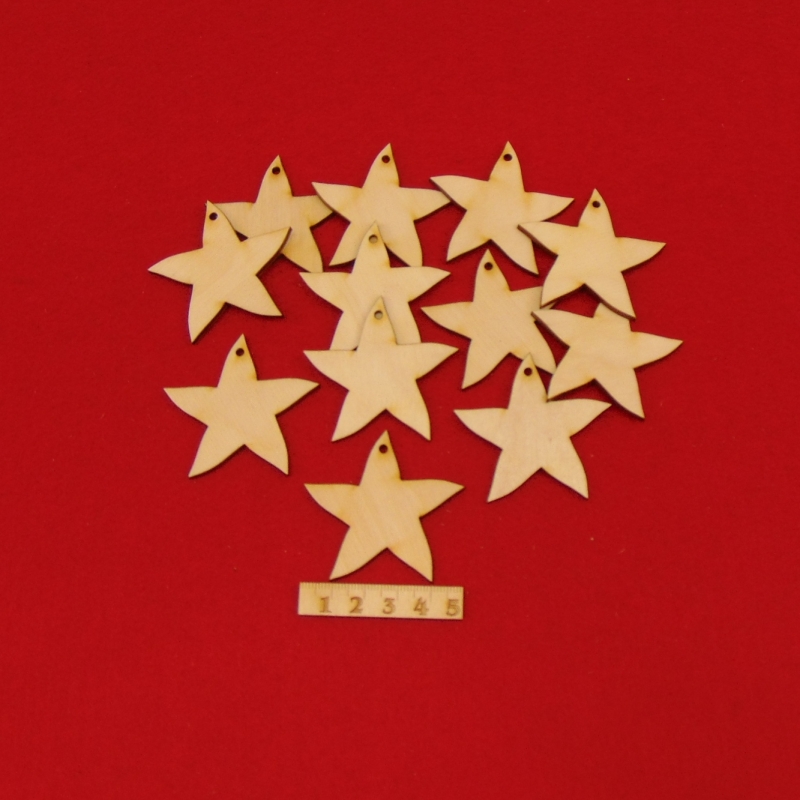  - Weihnachtssterne aus Birkenholz mit Loch 5 cm, passend zur Weihnachtszeit, 12 Stück (SET-13)