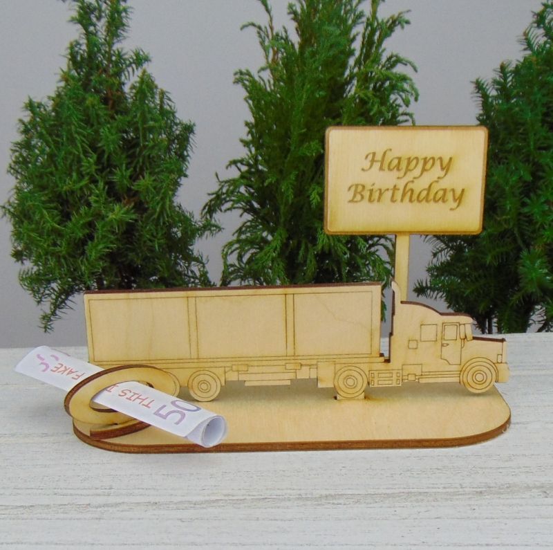  - Geldgeschenkset Geburtstag ★ Truck aus Holz mit Aufschrift - Happy Birthday