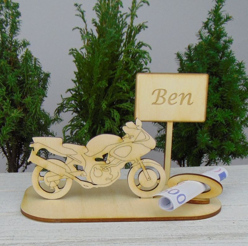  - Geldgeschenkset ★ Motorrad aus Holz mit Aufschrift - Wunschname Ben