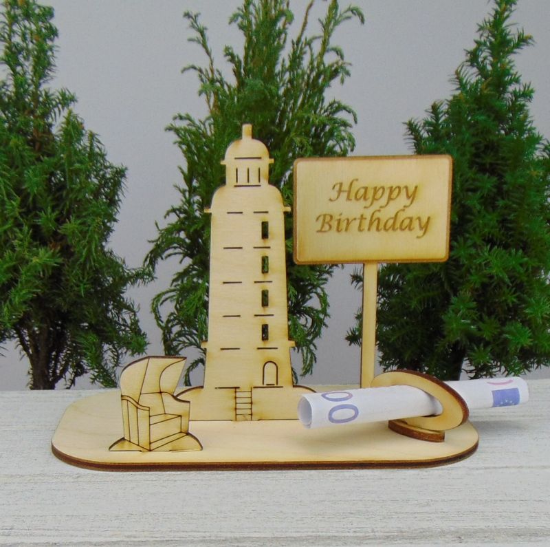  - Geldgeschenkset  ★ Leuchtturm aus Holz mit Aufschrift - Happy Birthday