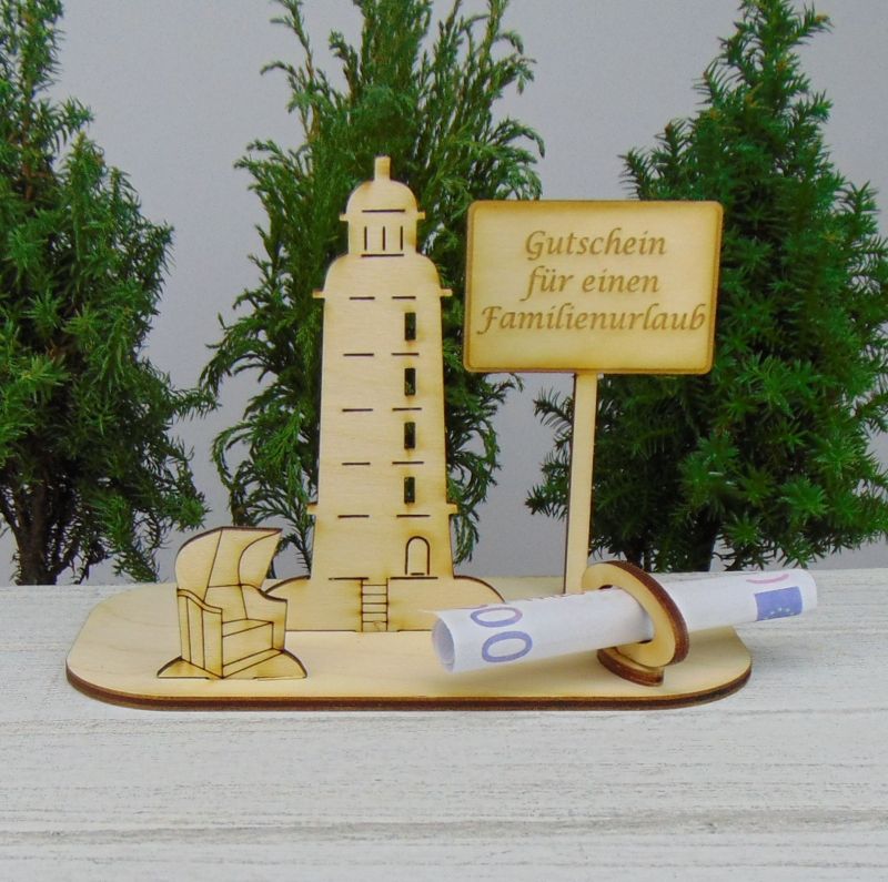  - Geldgeschenkset ★ Leuchtturm aus Holz mit  Aufschrift - Gutschein für ein Familienurlaub